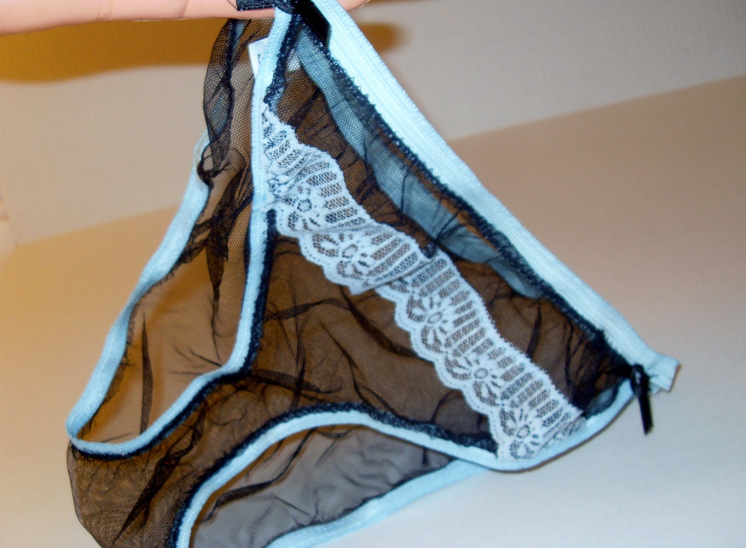Sexy Sheer Black Mesh Panties Lingerie with Light Blue Trim