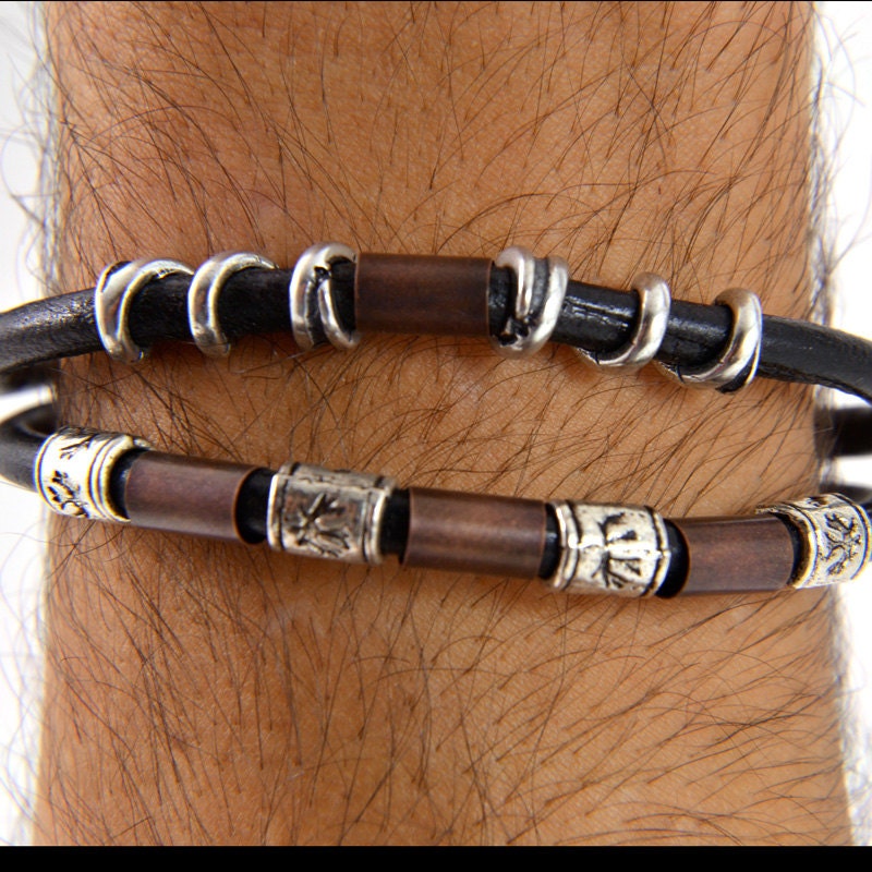 LEATHER HANDMADE BRACELET silver and copper tone urban modern bracelet unisex bracelet hypoallergenic jewelry