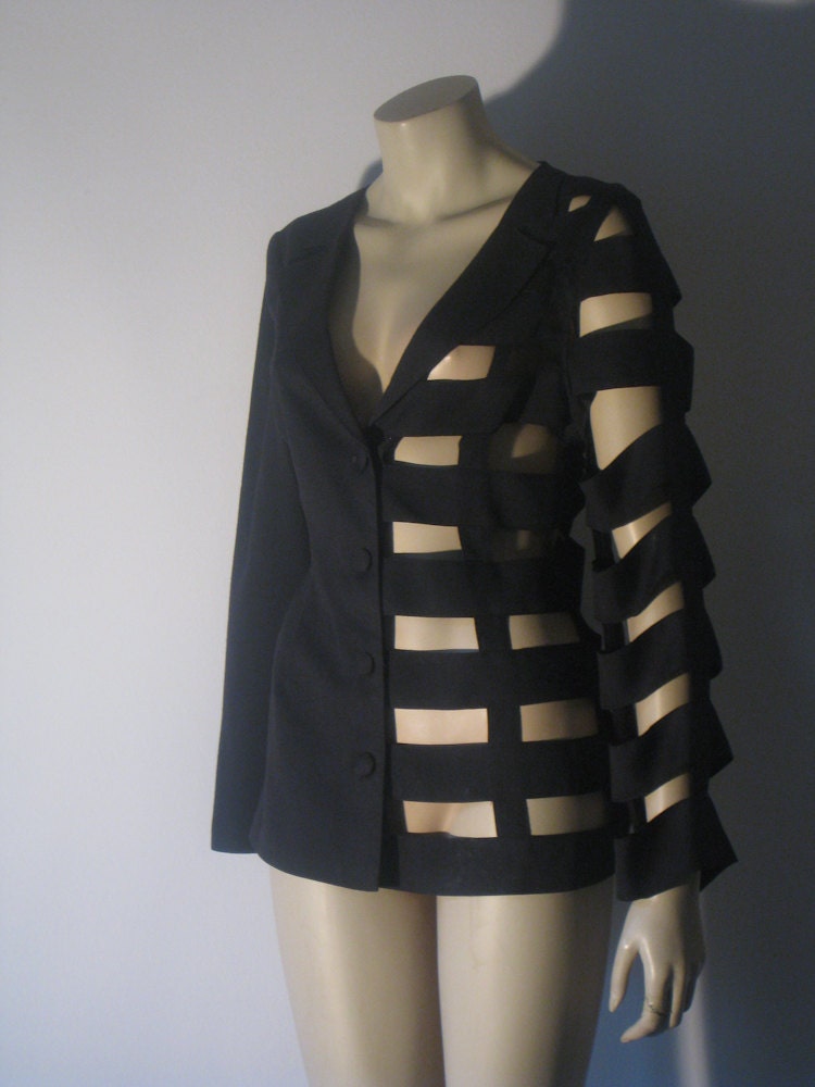 1980's Black Jacket - Vintage 1980's Glam Wool Asymmetry Avant Garde Space Age Evening Disco Goth Cocktail Party Preppy Blazer Size S M