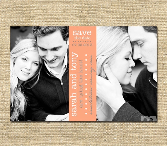 Grand Opening Sale - Engagement Save the Date Photo Announcement Coral/Grey - Printable File