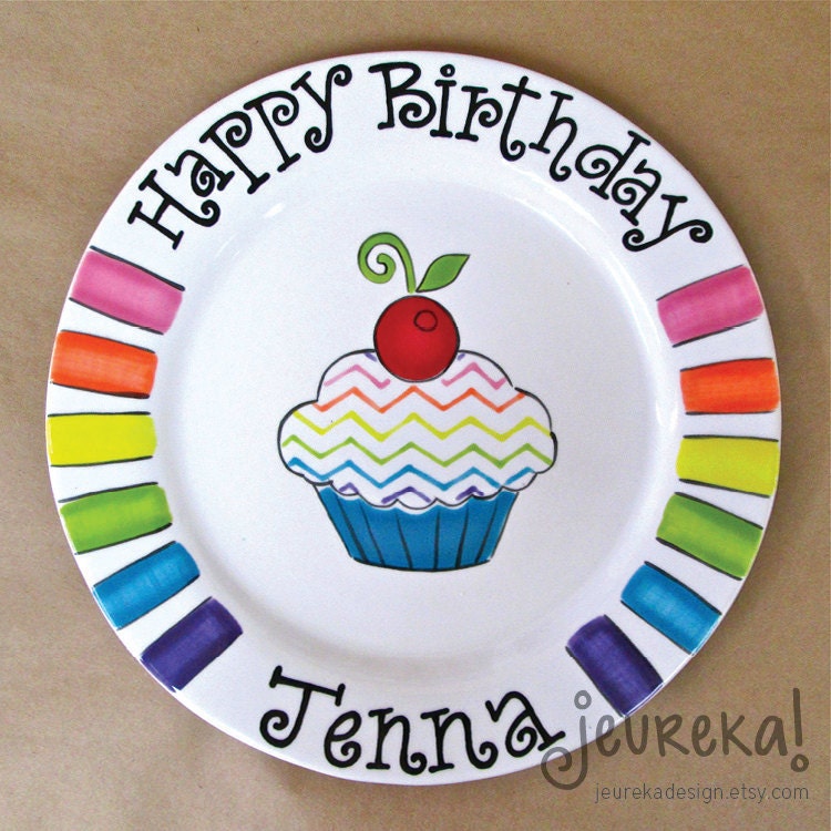 Large Ceramic Birthday Plate - 10.5" Personalized Rainbow Chevron Cupcake