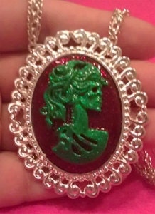 Hand-painted Glittery Red & Green Skeleton Cameo Silver Necklace for Christmas Holidays Xmas Horror Spooky Skull Tattoo Pendant