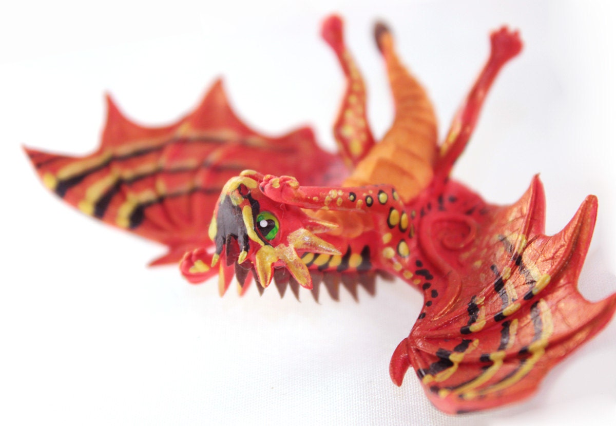 Little Dragon cute figurine red, orange, tiger-dragon, fantasy art sculpture handmade - magic gift