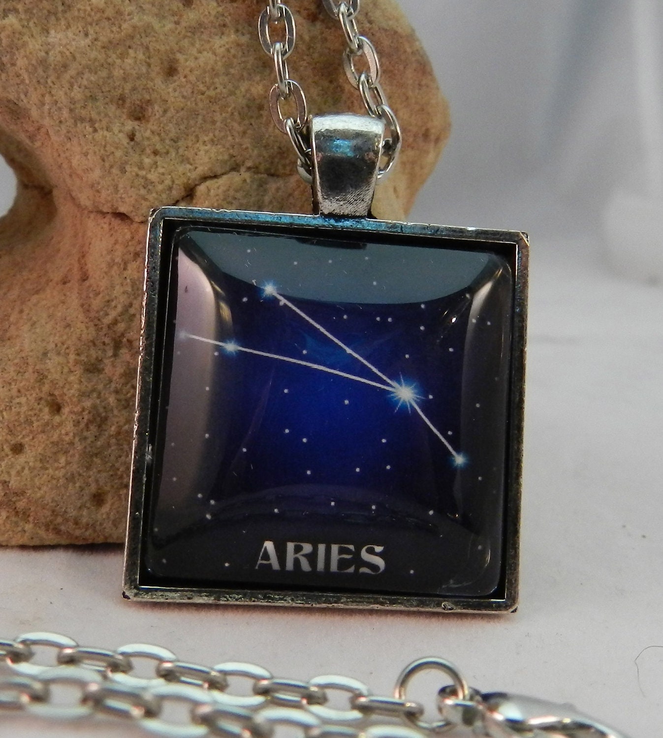 Aries Constellation Star Zodiac Astrology Horoscope Pendant Necklace 1" Square Glass Cover Jewelry -  Plated Silver,  Brass, Copper or Black
