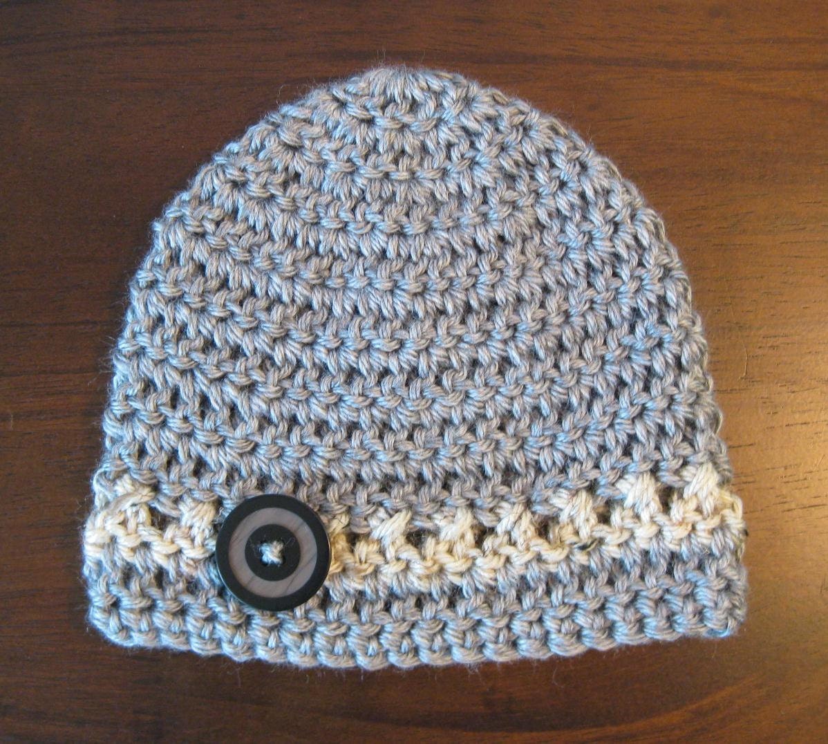 Baby Boy Hat, Newborn Boy Photo Prop, Gray Cap, Oatmeal Brown Stripe. Crochet Beanie, Spring Summer, Infant - 3 Months 3 - 6 Month