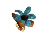 Romantic silver ring, adjustable with a blue flower and red crochet and recycled wood
