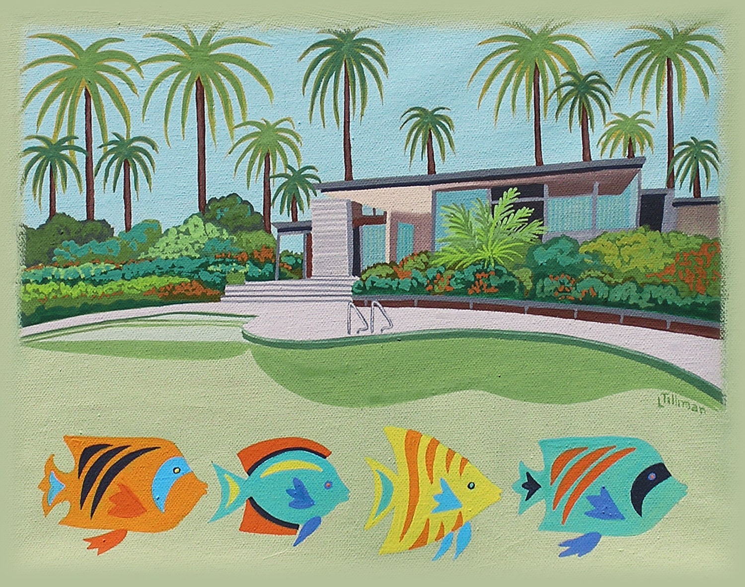 Mid Century Modern Eames Retro Limited Edition Print from Original Painting Architecture Pool Fish