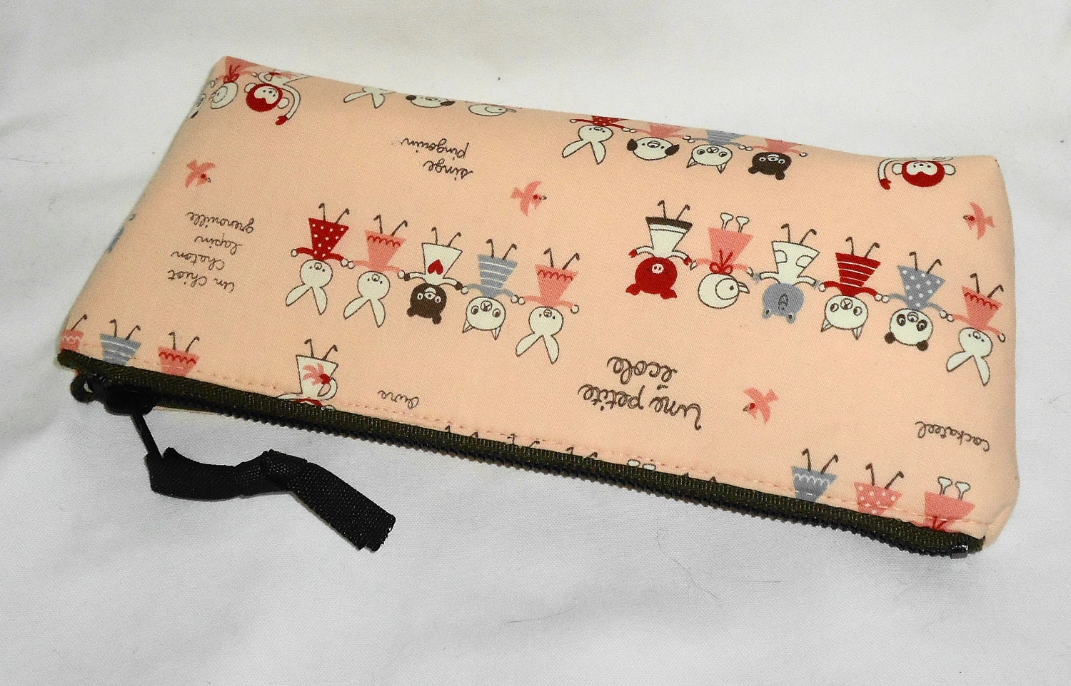Kawaii Clutch / Cosmetic Case (Une Petite Ecole)  --- French Schoolyard Animals on Peach