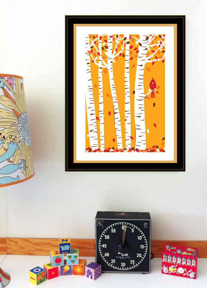 Screenprint Art Print Poster Autumn Cardinal - Fall Birch Trees with Leaves & Red Bird Art Print Poster