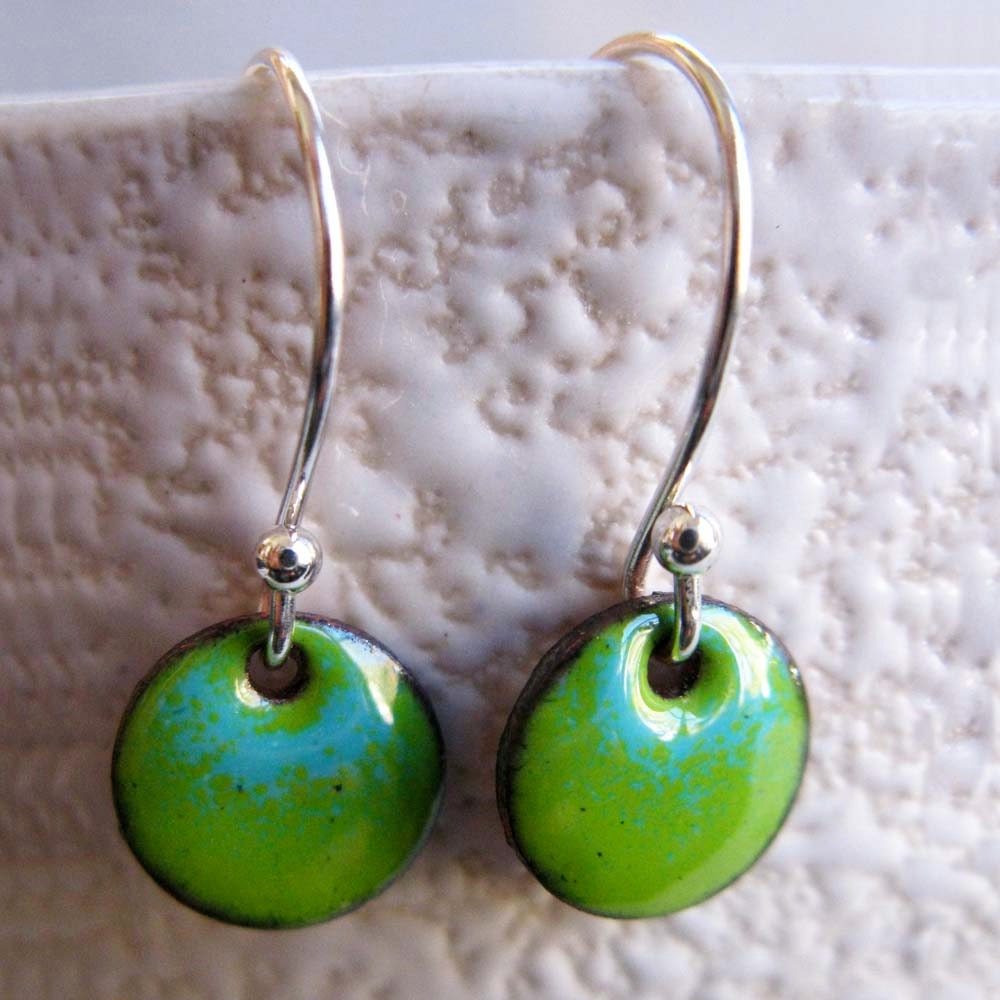 Ready to Ship: Petite Ombre Enamel Earrings, Lime Green and Robins Egg Kiln Fired Glass Enamel, Sterling Silver Hooks, Small Dangle Earrings
