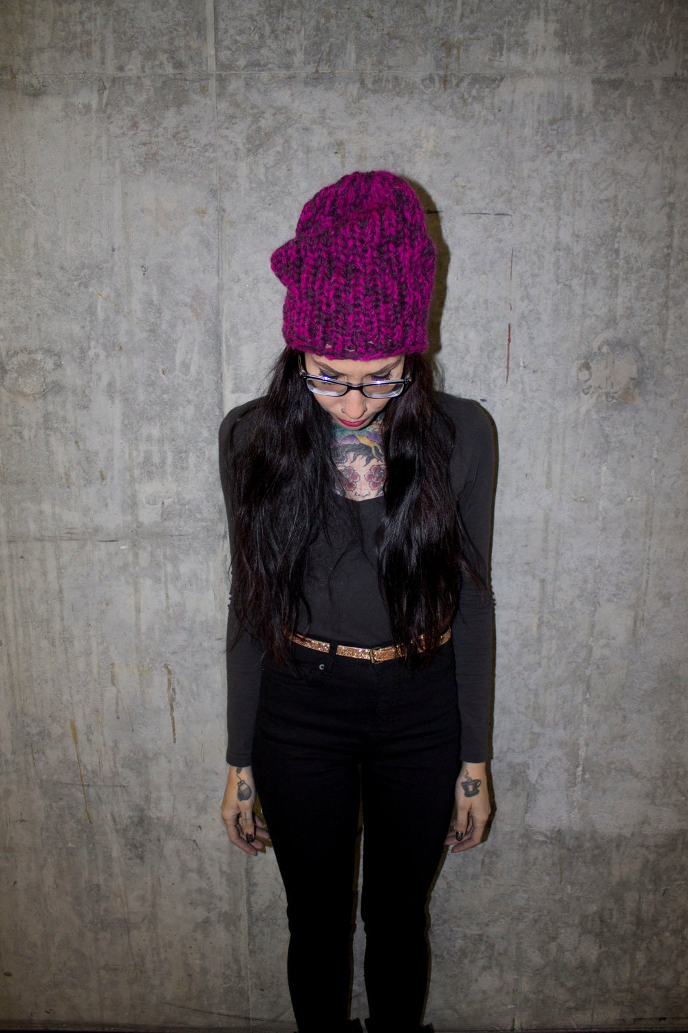 Violet and Hot Pink chunky knit beanie - magenta slouchy knitted hat - eco friendly