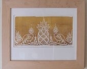 Sirens and Pineapple in Gold on White - Framed Print - Poster Print - Golden Ink - Shiny Metallic - Decorative Arts - Printmaking - Linocut