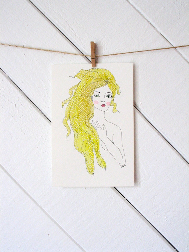 Venus with golden hair - original watercolor and gouache painting on 140 lb. watercolor paper
