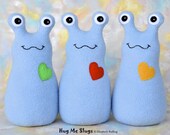 Handmade Slug, Stuffed Animal Plush Art Toy, Hug Me Slug, Personalized Tag, Light Blue Fleece, You Choose Heart Color, 9 inch, Custom-made