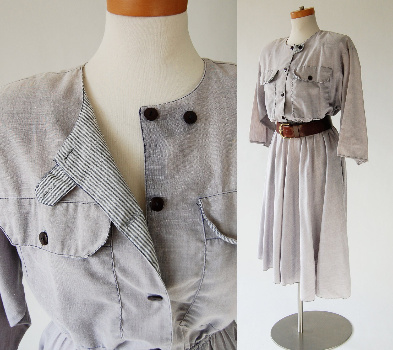 vintage 80s Dress / new wave shirt dress / Full Skirt / Lightweight Chambray / Pale grayish blue / pockets s m l
