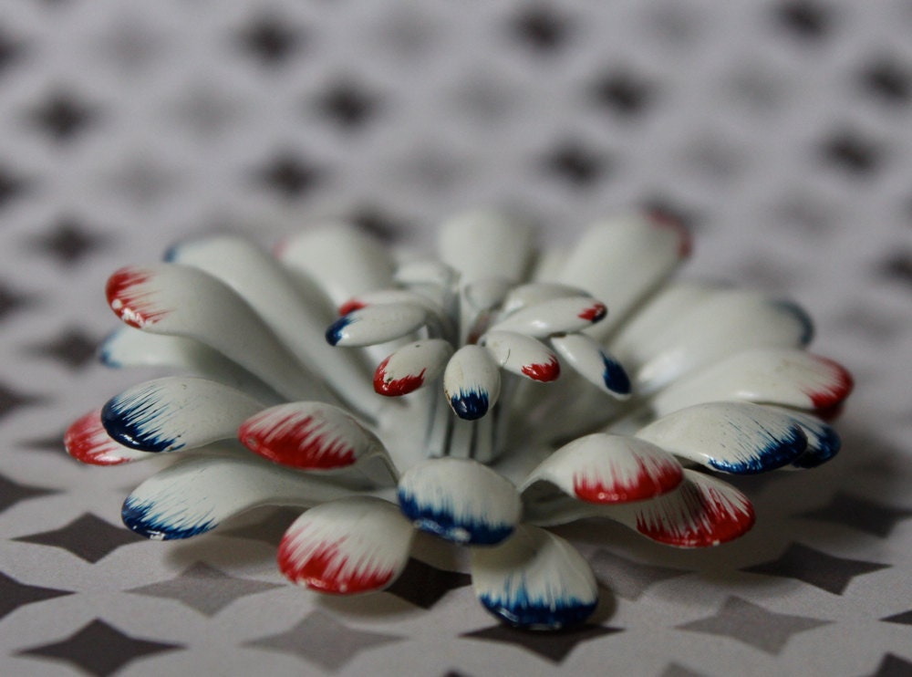 Enameled Flower Brooch in White with Red and Blue Tips- Vintage 1960s