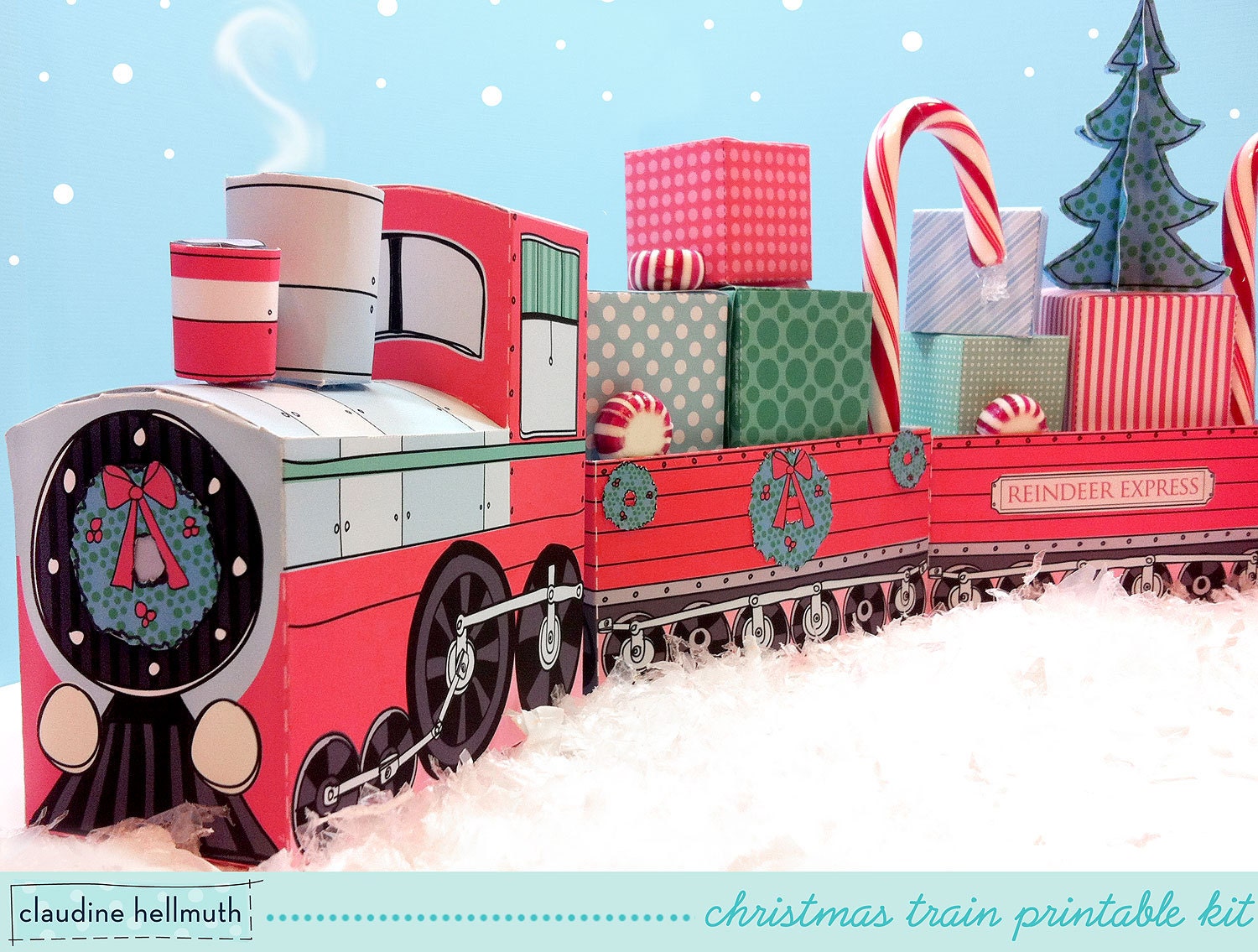 christmas train set - favor box and table centerpiece, holds candy canes, small gifts, cupcakes - printable PDF kit - INSTANT download