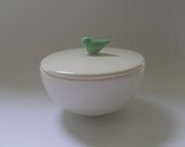 Ceramic Lidded Vessel in White with Green Bird
