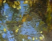Painting, original oil, blue, gold, olive green, brown, textural, 12 x 10, "Glimpse"