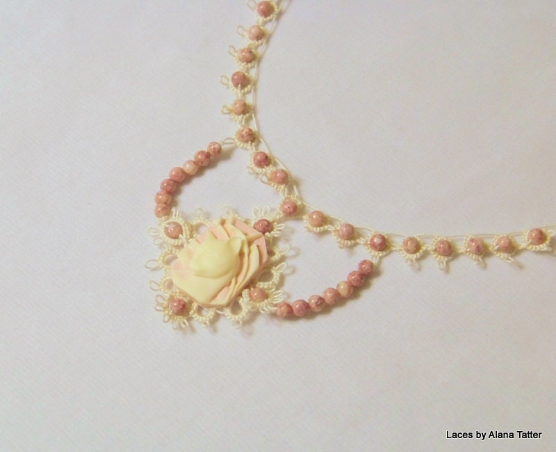 The Cat's Meow Tatted Lace Choker with stone beads and Cat Cameo