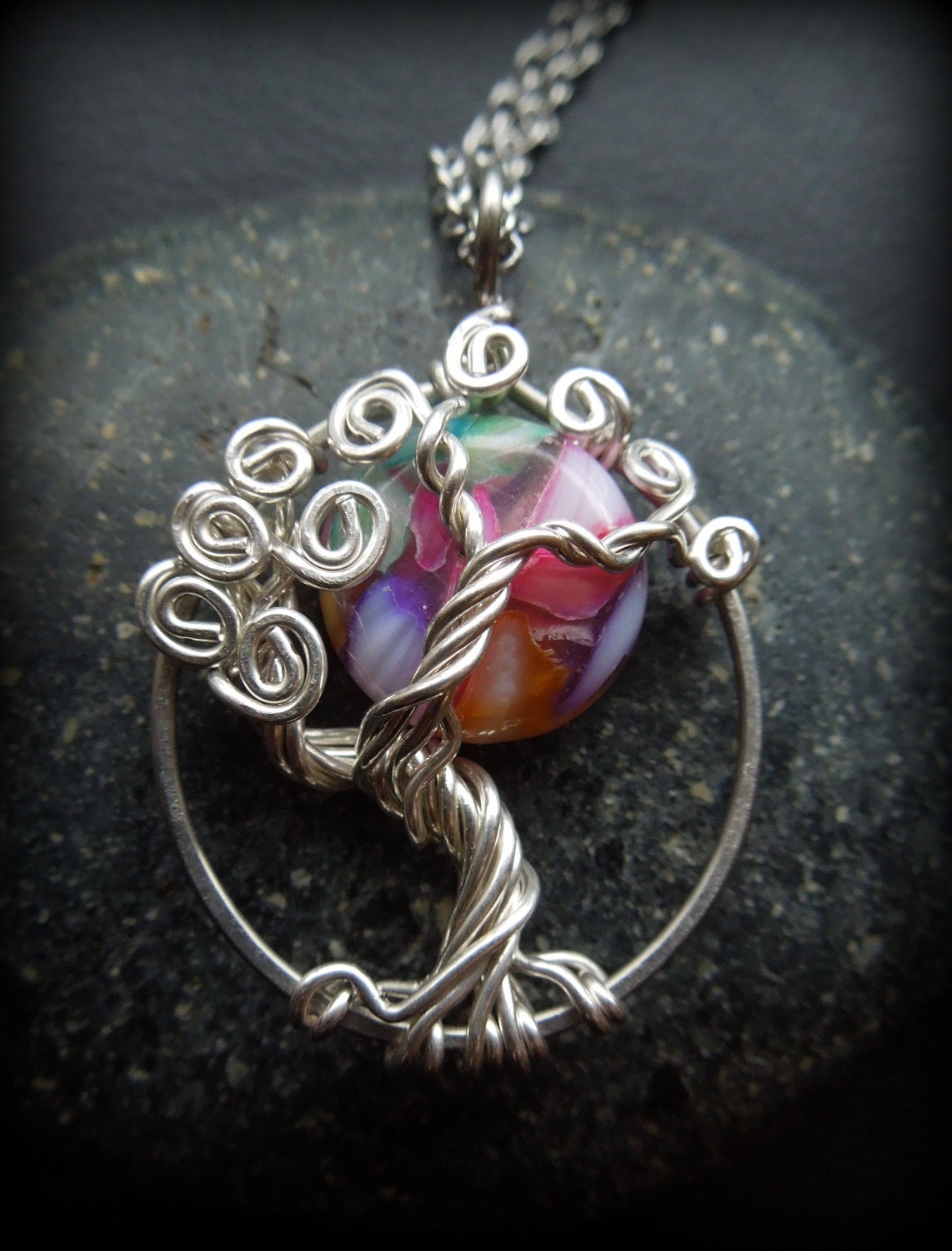 Rainbow Moon Tree of Life Necklace Silver- Tie Dye- Mother of Pearl shell- Multicolor
