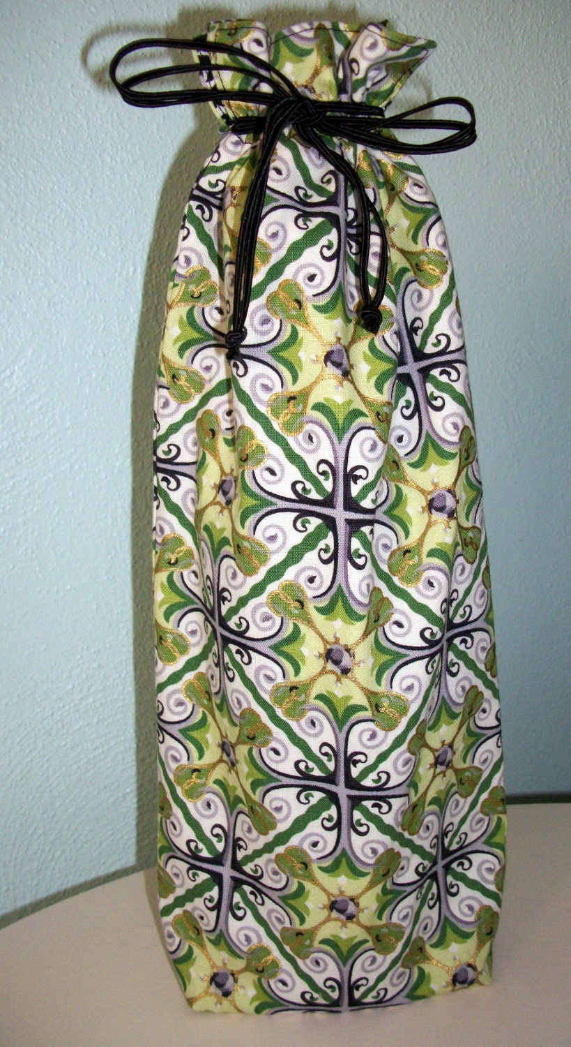 Filigree and Damask Wine Bottle Bag - Reversible - Drawstring - Reusable