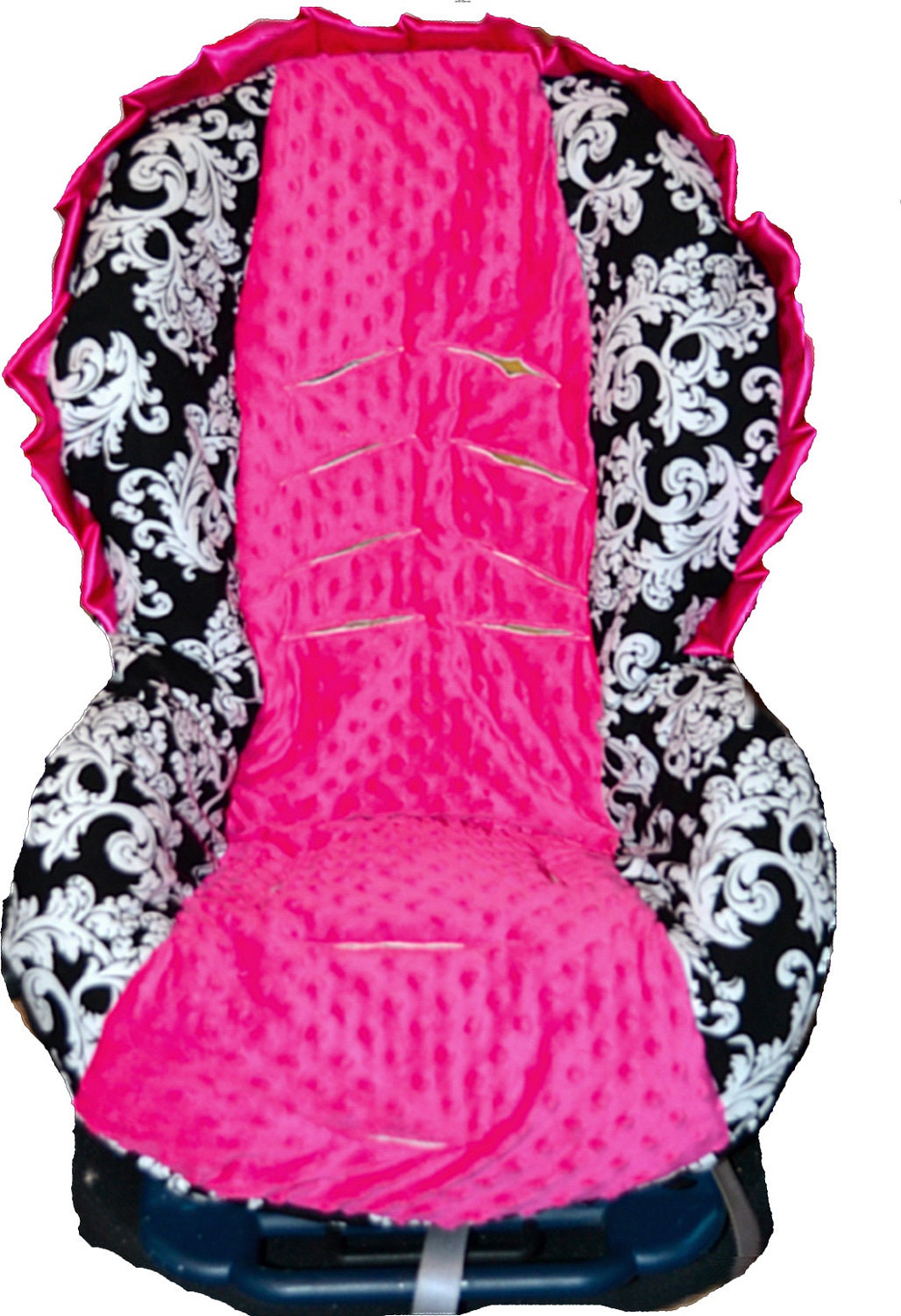 Black white and fuchsia toddler car seat cover with ruffle made to order for your toddler seat