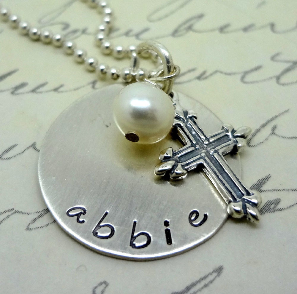 Personalized Custom Cross Necklace - Communion - Baptism - Confirmation - Faith Religion - Name Birthstone Charm