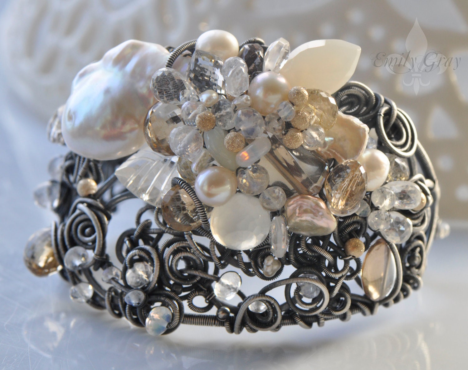 RESERVED oOo The WONDERLAND Cuff Bracelet oOo Pearl and White Gemstone Fine Eclectic Bridal