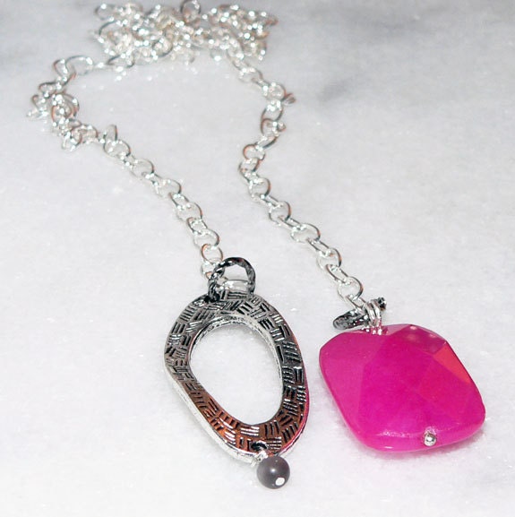 Pink Jade Lariat Necklace Silver Charm Chain Gemstone Jewelry 1377