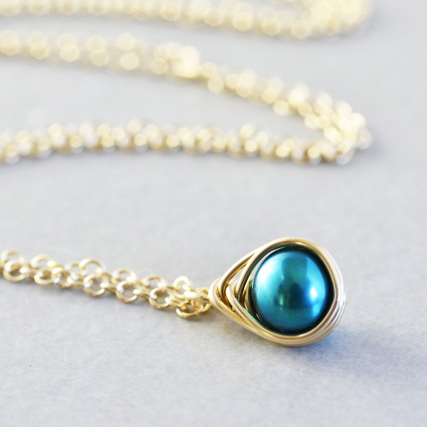 Teal Pearl Necklace, June Birthstone, Blue Green Pearl Drop Necklace, Bridesmaid Gift