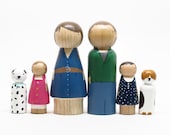 Custom Family of 6 - One of a Kind Hand-Painted Wooden Peg Dolls - Unique Family Portrait