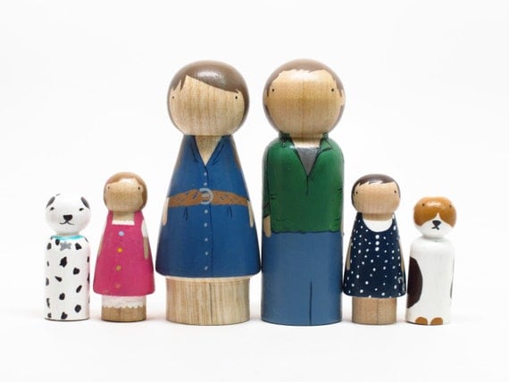 Custom Family of 6 - One of a Kind Hand-Painted Wooden Peg Dolls - Unique Family Portrait