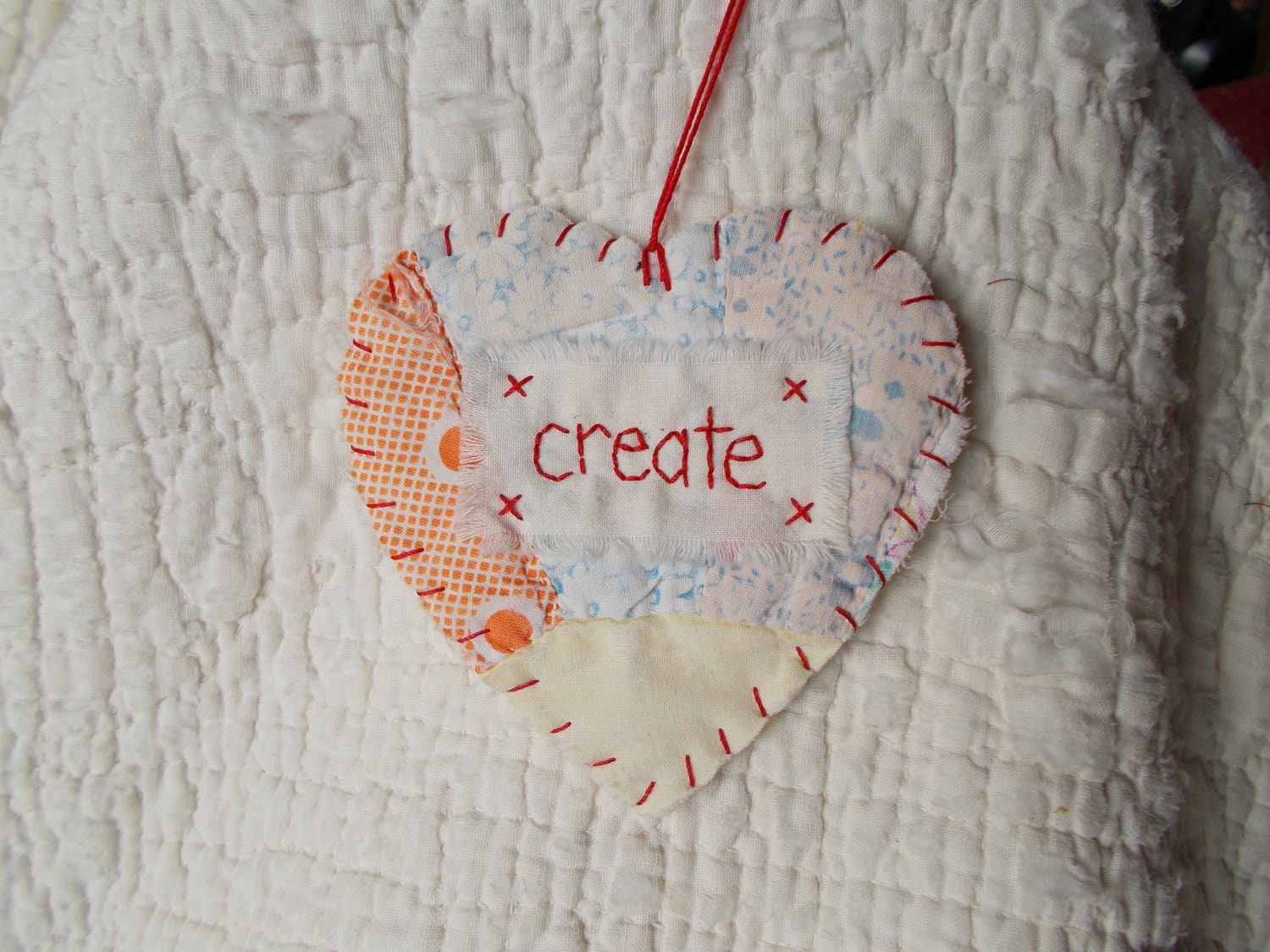 Wordz From the Heart Snippet Ornament - CREATE - Stitched From Recycled Vintage Quilt Piece
