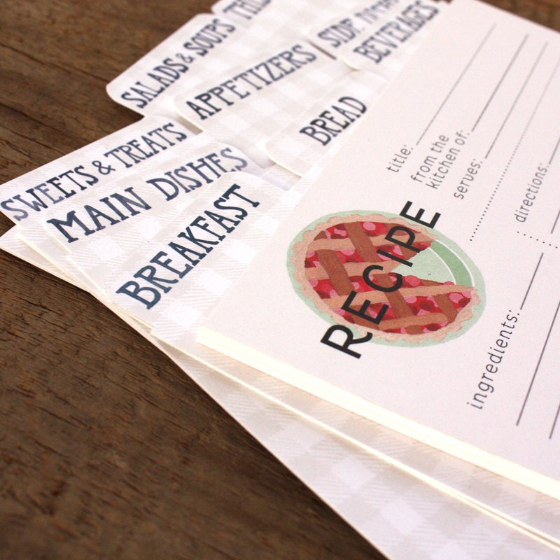 Modern Pie Recipe Cards Set of  50 WITH DIVIDERS