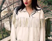 FREE SHIP Vintage Fringed White Leather Jacket- Size Large