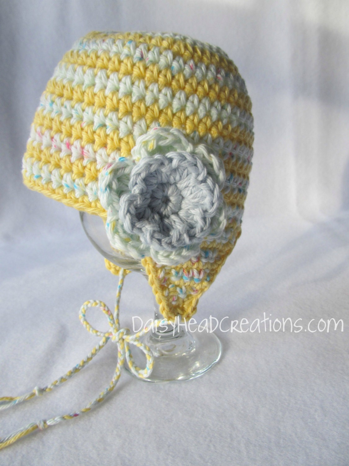 Yellow and Confetti Striped Earflap Hat- Crochet Chullo Hat With Flower and Ties- Size 3-6 month (13.5-15.5 inch head)