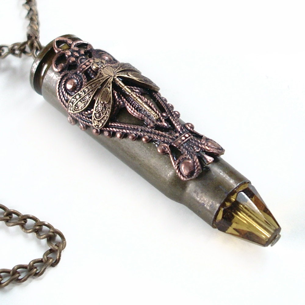 Dragonfly - Steampunk Bullet Pendant Necklace Jewelry - Extra Long Chain