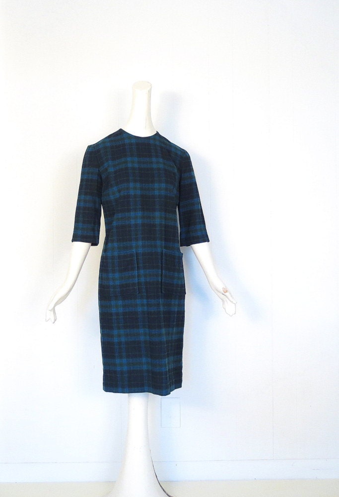 Vintage Pendleton Dress / 1960s Dress / Blue Plaid Dress / 60s Dress / Medium M