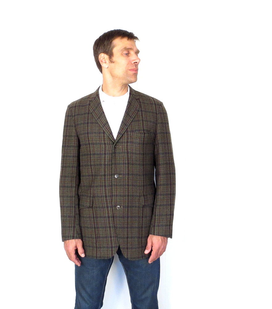 1950s Men's Jacket / Vintage Plaid Jacket / 50s Jacket / Men's Plaid Blazer / Forest Green / Size 38 L