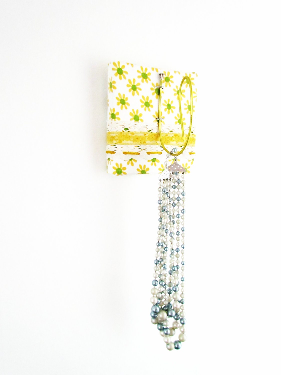 Retro Wall Hook in Floral Mustard Green and Cream