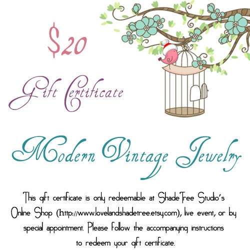 20 USD Gift Certificate for Handmade Jewelry: Vintage Style Jewelry, Christmas Gift, Gifts under 25, Gifts for Girls, Holiday Jewelry