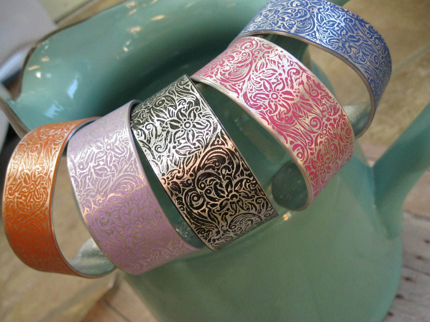Colorful Flower Design Aluminum Cuff  (Wide)