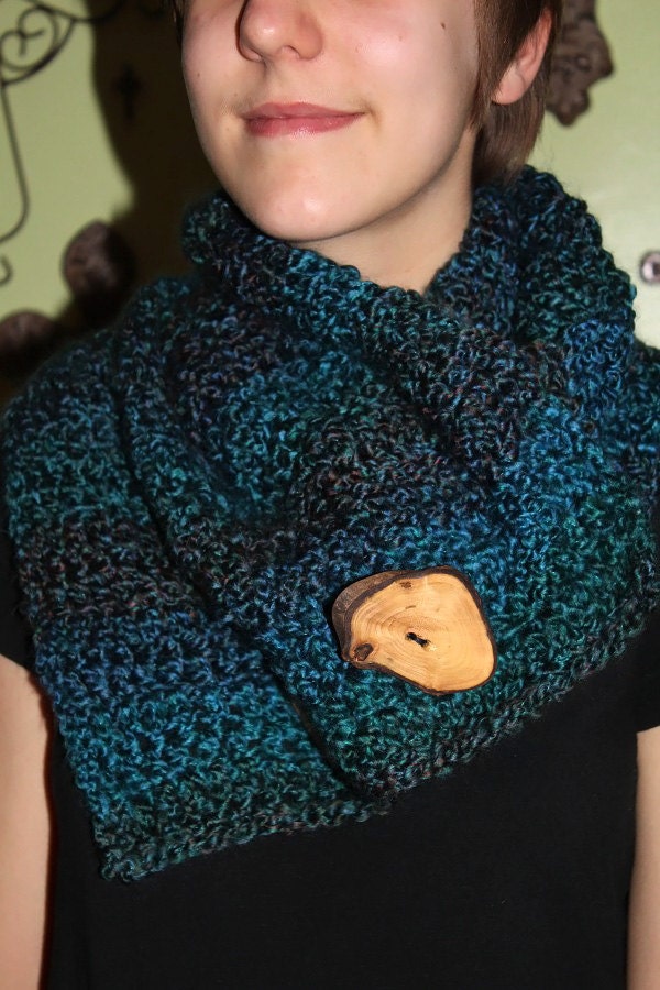 Ocean Blue - Thick & Chunky Hand Crocheted cowl - Neckwarmer - With HUGE Natural Tree branch buttons