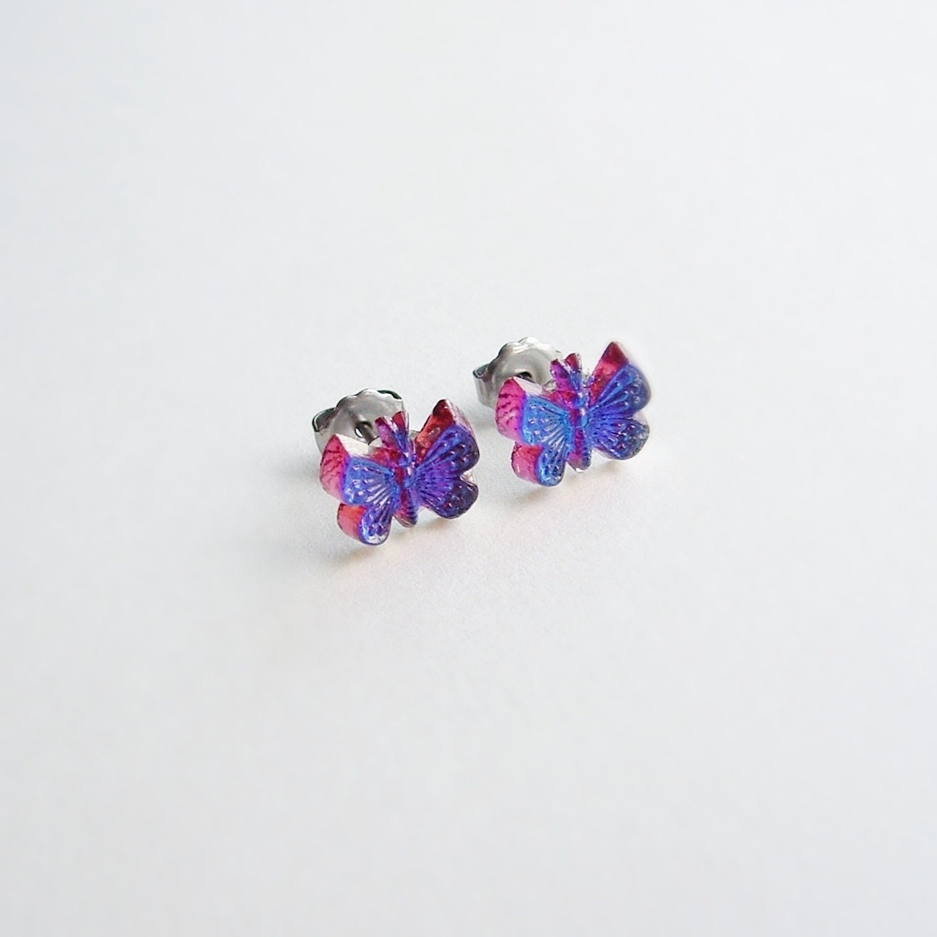 Iridescent Glass Butterfly Post Earrings Vintage Iridescent Jewel Studs Peacock Blue Purple Pink