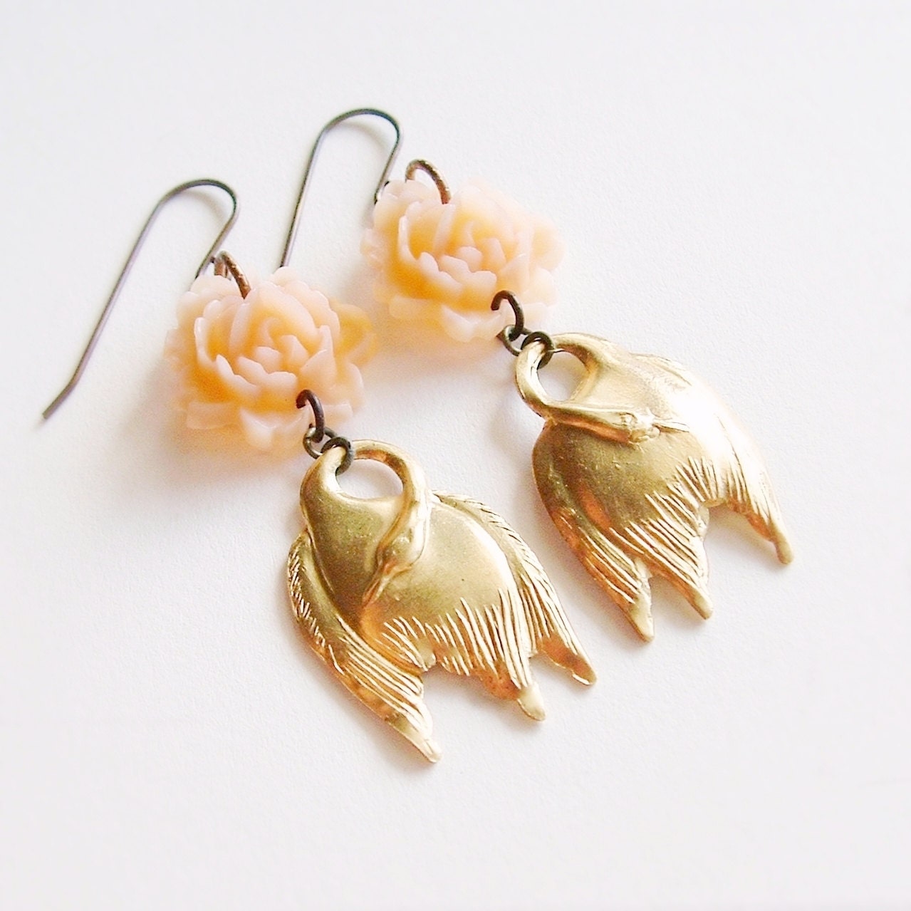 Sleeping Swan Earrings Brass Bird Charms Vintage Carved Peach Rose Victorian Jewelry