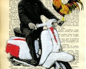 Vespa Man Acrylic Painting - Original Mixed Media on Italian Vintage Paper Page Dicitonary