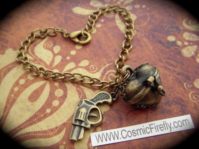 Steampunk Gun Charm Bracelet Heart Locket Bracelet Antiqued Brass Rustic Finish Fashion Jewelry By Cosmic Firefly