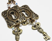 Handmade Jewelry Earrings Beaded Steampunk Skeleton Keys Locks Metal Crystal Long Antique Brass Clear Iridescent  Long Dangle...Steamy