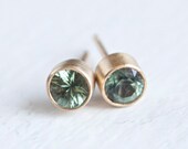Green Sapphire and 14k Yellow Gold Studs - 4mm post earrings modern brushed finish